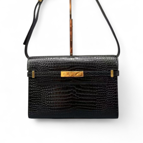 Yves Saint Laurent Medium Manhattan Shoulder Bag Calfskin Crocodile Embossed Black