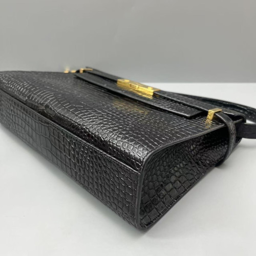 Yves Saint Laurent Medium Manhattan Shoulder Bag Calfskin Crocodile Embossed Black