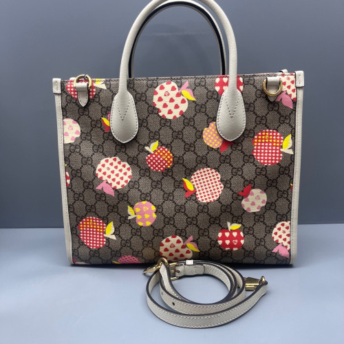 Gucci Apple Gg Small Retro Interlocking G Tote GG Supreme Monogram Grey White Pink