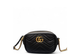Gucci Chevron Mini GG Marmont Chain Shoulder Bag Calfskin Black