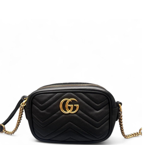 Gucci Chevron Mini GG Marmont Chain Shoulder Bag Calfskin Black