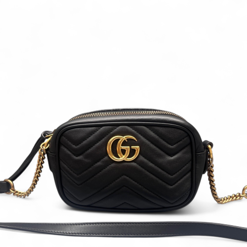 Gucci Chevron Mini GG Marmont Chain Shoulder Bag Calfskin Black