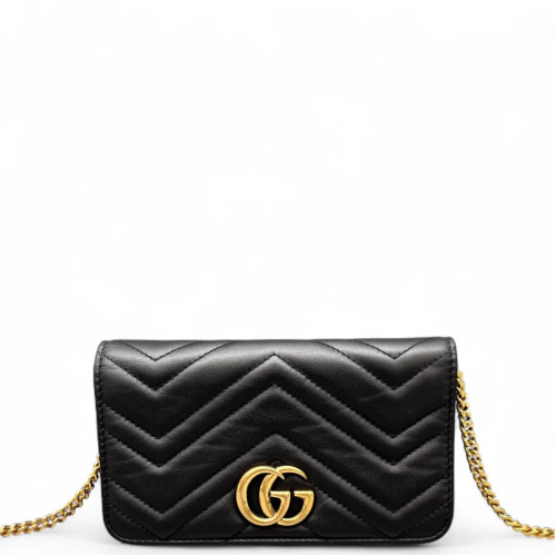 Gucci Chevron Mini GG Marmont Wallet On Chain Full Flap Calfskin Black