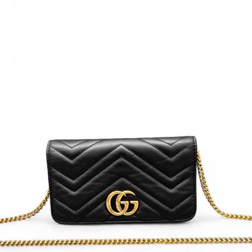Gucci Chevron Mini GG Marmont Wallet On Chain Full Flap Calfskin Black