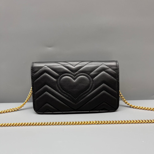 Gucci Chevron Mini GG Marmont Wallet On Chain Full Flap Calfskin Black