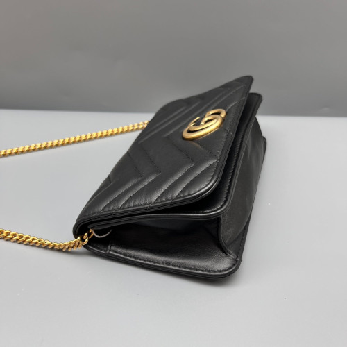 Gucci Chevron Mini GG Marmont Wallet On Chain Full Flap Calfskin Black