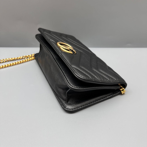 Gucci Chevron Mini GG Marmont Wallet On Chain Full Flap Calfskin Black