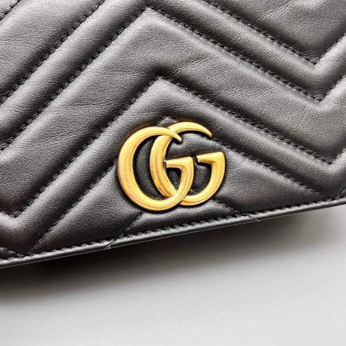 Gucci Chevron Mini GG Marmont Wallet On Chain Full Flap Calfskin Black