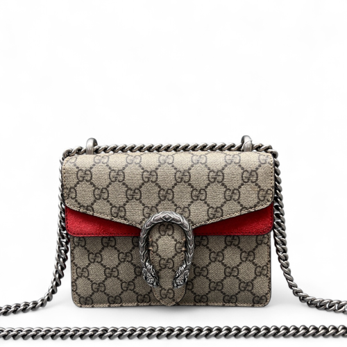 Gucci Mini Dionysus GG Supreme Monogram Suede Beige Red