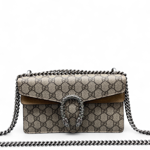 Gucci Crystal Meium Dionysus GG Supreme Monogram Suede Camel