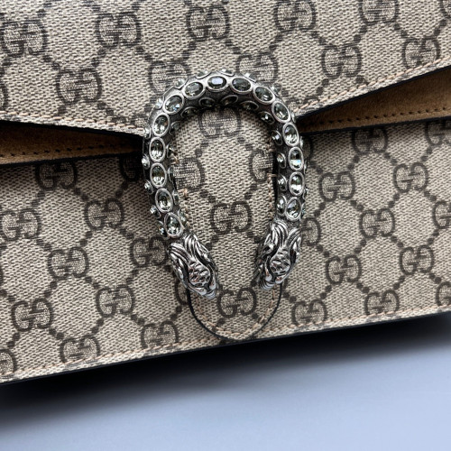 Gucci Crystal Meium Dionysus GG Supreme Monogram Suede Camel