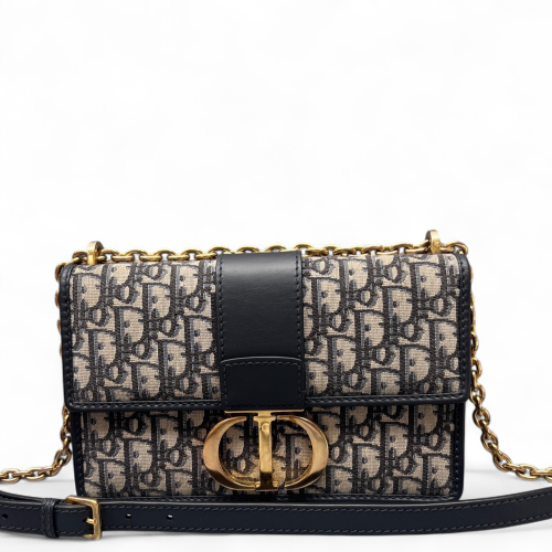Dior 30 Montaigne Chain Flap Bag Oblique Navy Beige Black