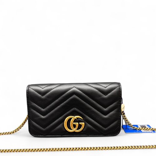 Gucci Chevron GG Marmont Chain Flap Mini Bag Calfskin Black
