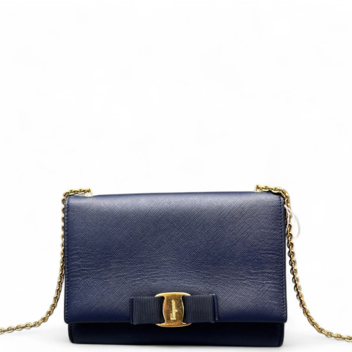 Salvatore Ferragamo Vara Bow Chain Wallet Saffiano Calfskin Dark Blue Salvatore Ferragamo Vara Bow Chain Wallet Saffiano Calfskin Dark Blue