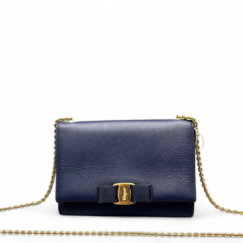 Salvatore Ferragamo Vara Bow Chain Wallet Saffiano Calfskin Dark Blue Salvatore Ferragamo Vara Bow Chain Wallet Saffiano Calfskin Dark Blue