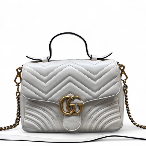 Gucci Diamante Small GG Marmont Top Handle Chain Shoulder Bag Calfskin White
