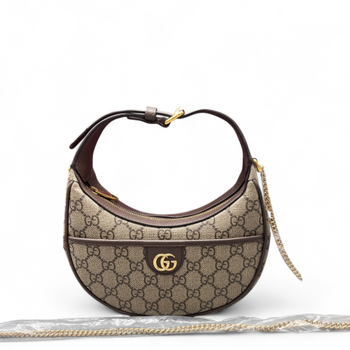 Gucci Mini Ophidia Half Moon Hobo GG Supreme Monogram Brown Beige