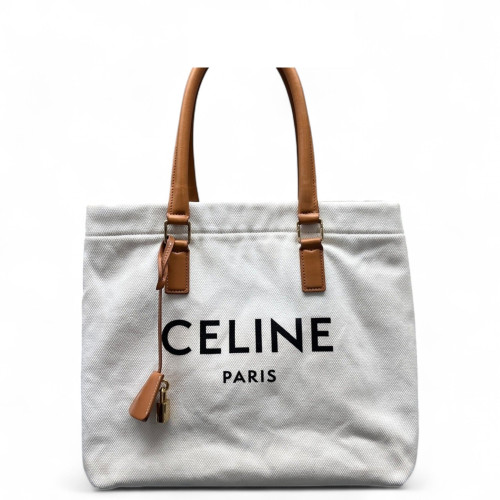 Celine Tote Bag Canvas Calfskin Tan Beige Celine Tote Bag Canvas Calfskin Tan Beige