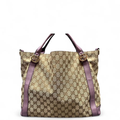 Gucci Tote Bag Canvas GG Supreme Monogram Calfskin Beige Brown Purple