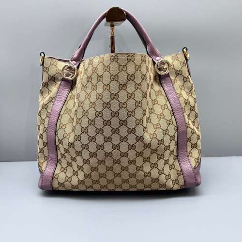 Gucci Tote Bag Canvas GG Supreme Monogram Calfskin Beige Brown Purple