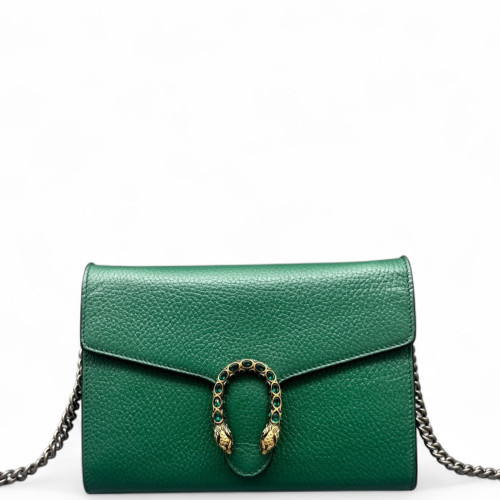 Gucci Crystal GG Marmont Chain Wallet Grained Calfskin Green