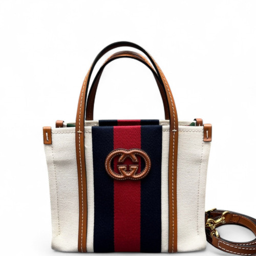 Gucci Ophidia Tote Bag Canvas Calfskin White Brown Red