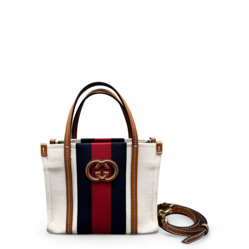 Gucci Ophidia Tote Bag Canvas Calfskin White Brown Red
