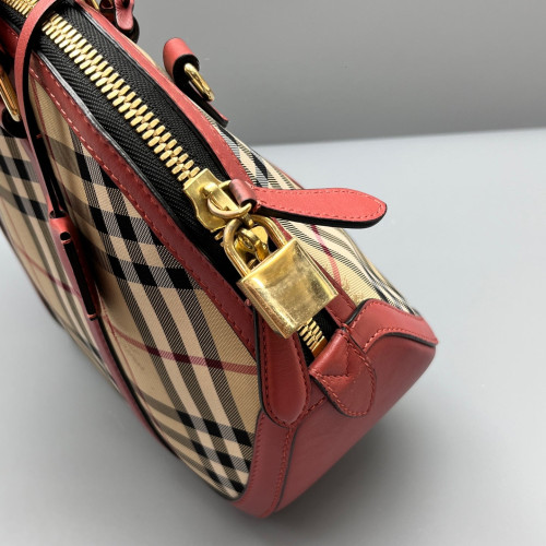 Burberry Small Orchard Bowling Bag House Check Beige Red Black