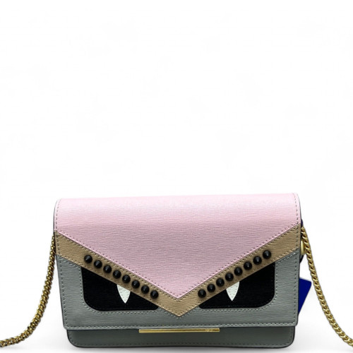 Fendi Monster Eyes Wallet On Chain Calfskin Pink Grey Beige