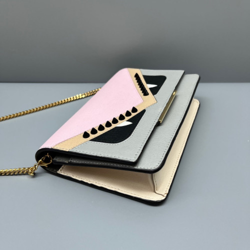 Fendi Monster Eyes Wallet On Chain Calfskin Pink Grey Beige