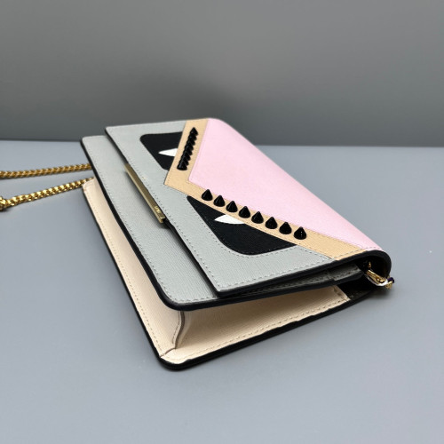 Fendi Monster Eyes Wallet On Chain Calfskin Pink Grey Beige