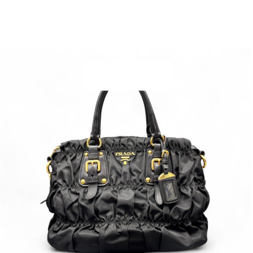 Prada Medium Gaufre Buckle Satchel Calfskin Re Nylon Black