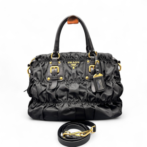 Prada Medium Gaufre Buckle Satchel Calfskin Re Nylon Black