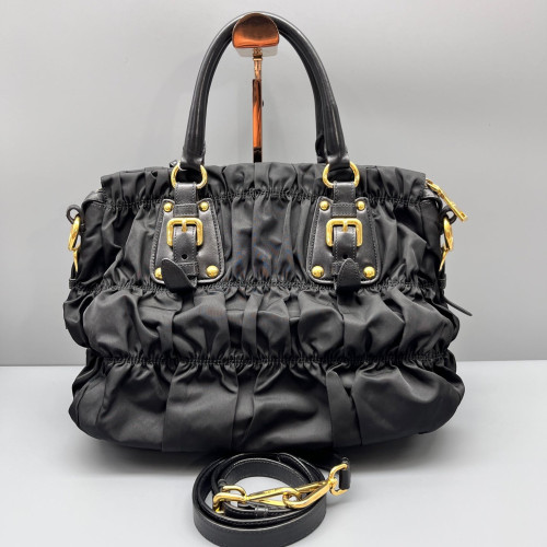 Prada Medium Gaufre Buckle Satchel Calfskin Re Nylon Black
