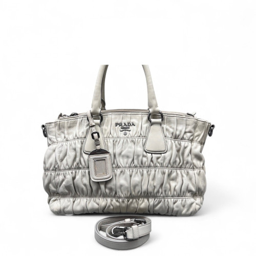 Prada Medium Gaufre Buckle Satchel Crumpled Calfskin White