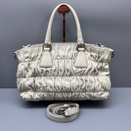 Prada Medium Gaufre Buckle Satchel Crumpled Calfskin White