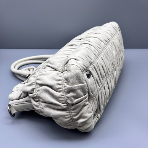 Prada Medium Gaufre Buckle Satchel Crumpled Calfskin White