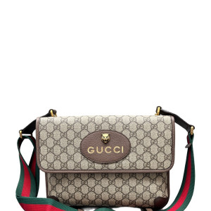 Gucci Neo Vintage Double Flap Messenger Bag GG Supreme Monogram Beige Brown Green