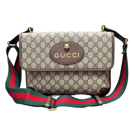 Gucci Neo Vintage Double Flap Messenger Bag GG Supreme Monogram Beige Brown Green