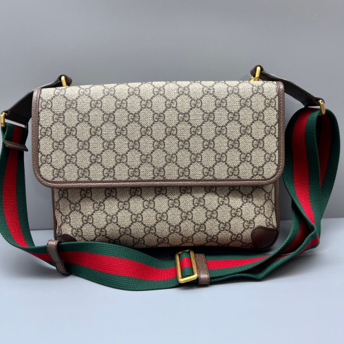 Gucci Neo Vintage Double Flap Messenger Bag GG Supreme Monogram Beige Brown Green