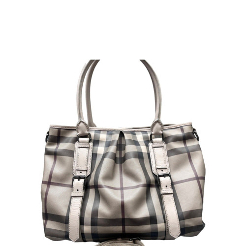 Burberry Tote Bag House Check Calfskin Beige Black White Burberry Tote Bag House Check Calfskin Beige Black White