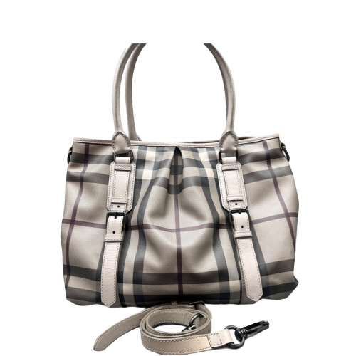 Burberry Tote Bag House Check Calfskin Beige Black White Burberry Tote Bag House Check Calfskin Beige Black White