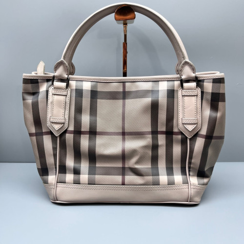 Burberry Tote Bag House Check Calfskin Beige Black White Burberry Tote Bag House Check Calfskin Beige Black White