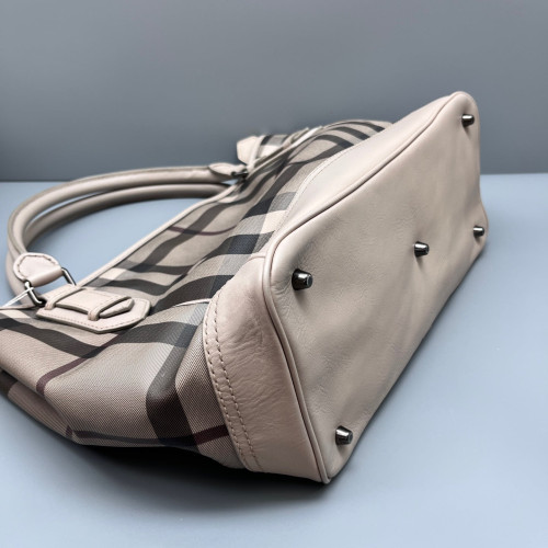 Burberry Tote Bag House Check Calfskin Beige Black White Burberry Tote Bag House Check Calfskin Beige Black White