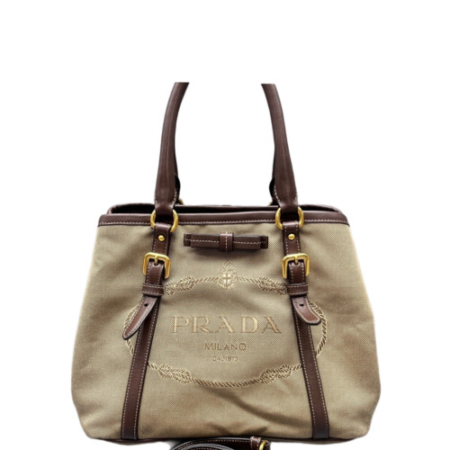 Prada Bow Tote Bag Canvas Calfskin Beige Brown