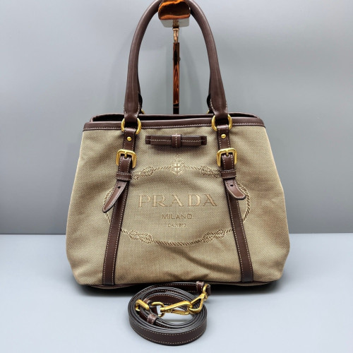 Prada Bow Tote Bag Canvas Calfskin Beige Brown