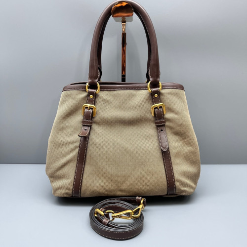 Prada Bow Tote Bag Canvas Calfskin Beige Brown