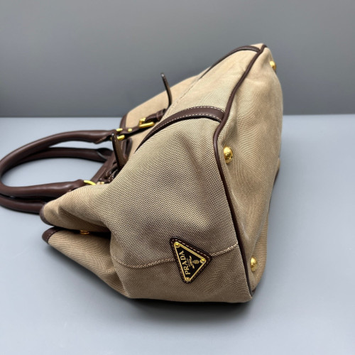 Prada Bow Tote Bag Canvas Calfskin Beige Brown