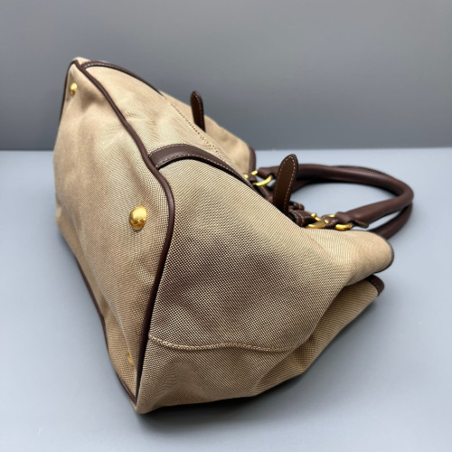 Prada Bow Tote Bag Canvas Calfskin Beige Brown