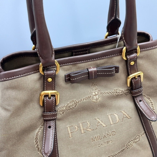 Prada Bow Tote Bag Canvas Calfskin Beige Brown